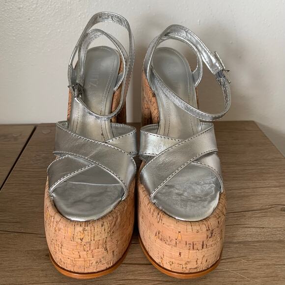 Schutz Pattie Platform Pump Heels sz 8 US Chunky Sandal Silver Cork Cyber Y2K - Picture 7 of 13